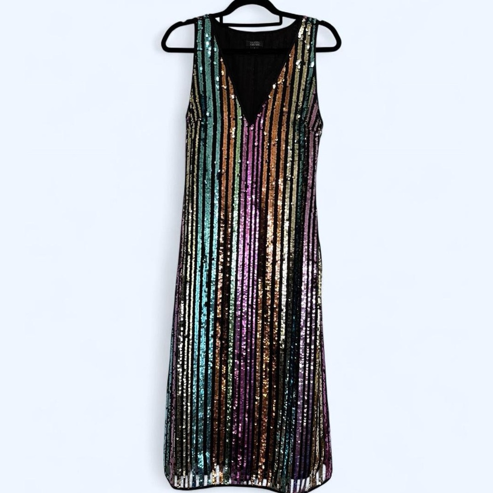 NWT Halogen x Atlantic Pacific Black Rainbow sequin dress with colorful stripes